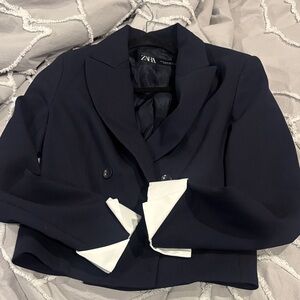 Zara Navy  Blazer with White Cuffs, Double Breasted. XS